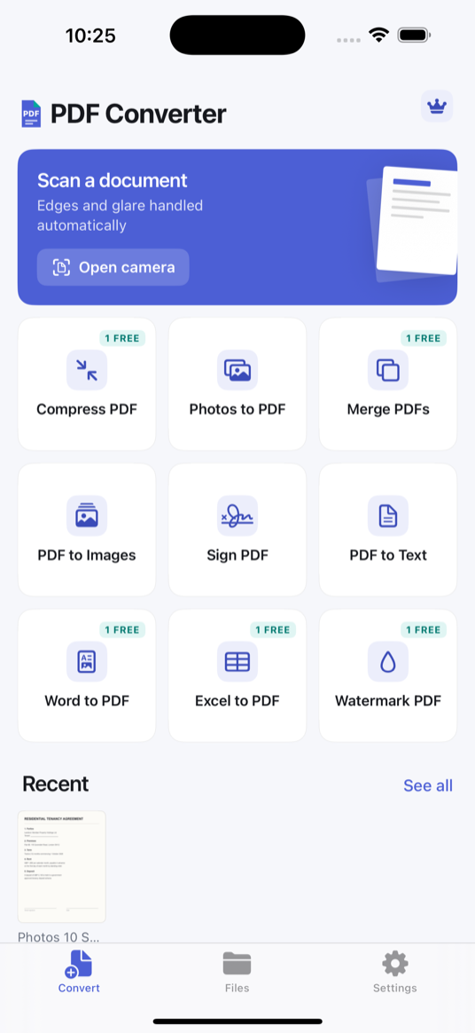 The Convert tab of PDF Converter running on iPhone